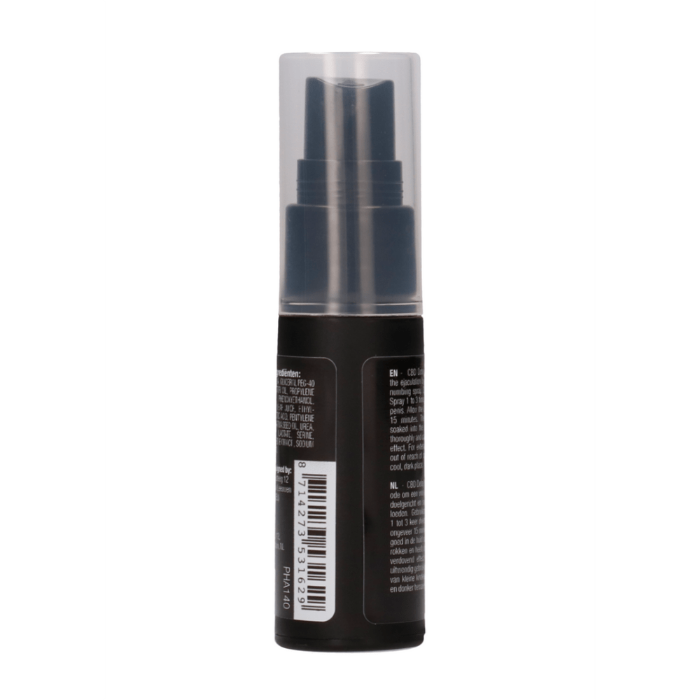 Zwarte Pharmquests CBD delay spray 15 ml rechtopstaand productbeeld