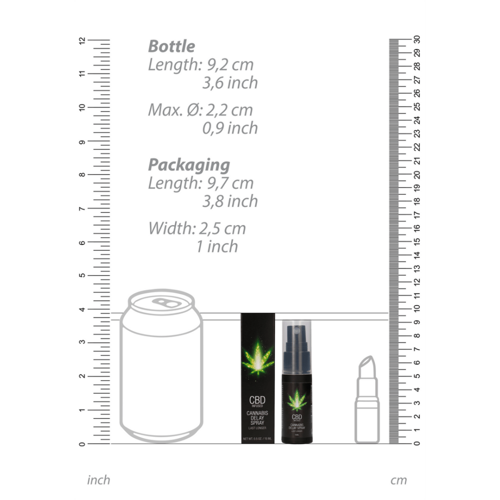 Pharmquests CBD delay spray 15 ml met productspecificaties op witte achtergrond