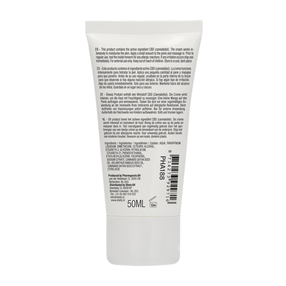 Pharmquests CBD Masturbeer Crème voor Hem 50 ml, achterkant tube met informatie