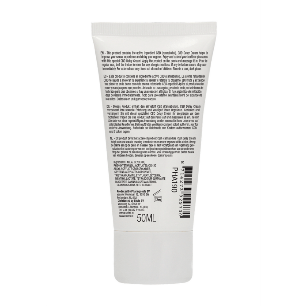 Pharmquests CBD Vertraging Crème 50 ml, tube staand neutrale achtergrond