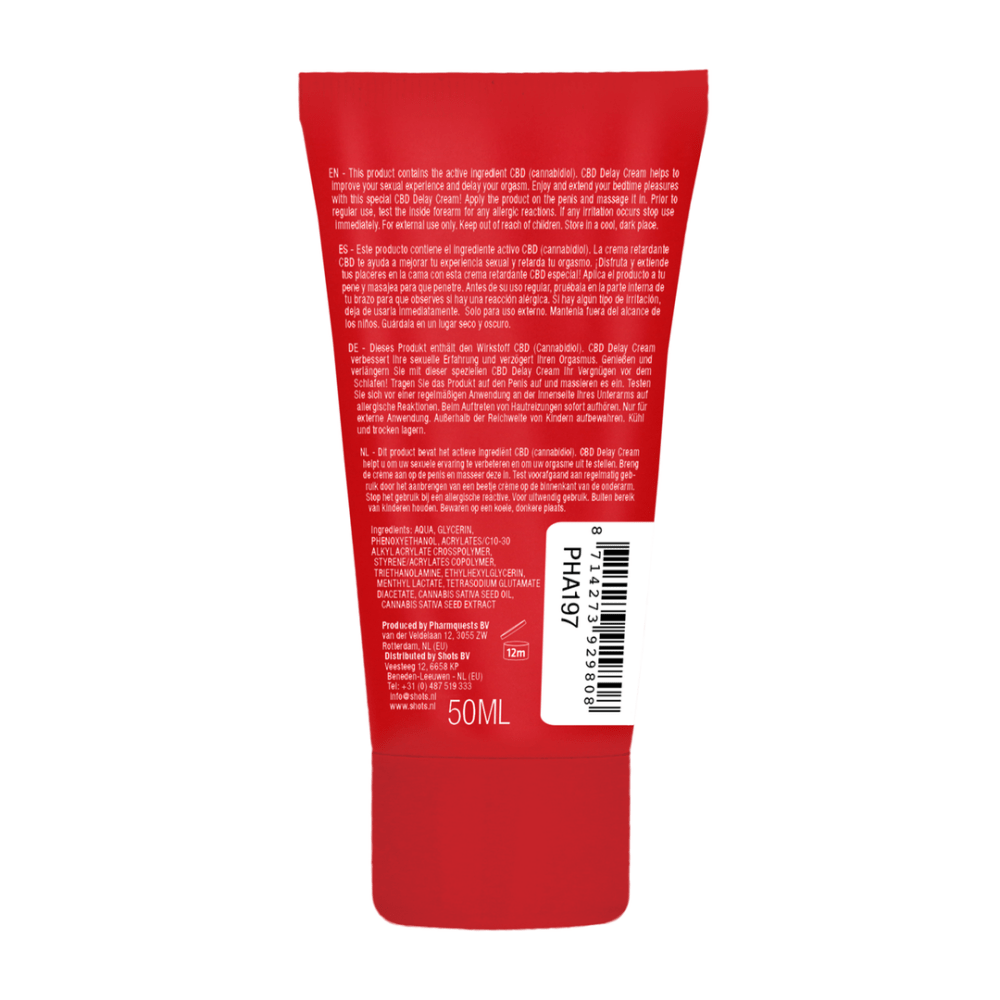 Pharmquests by Shots CBD Delay Cream 50 ml, achterzijde tube met productinformatie