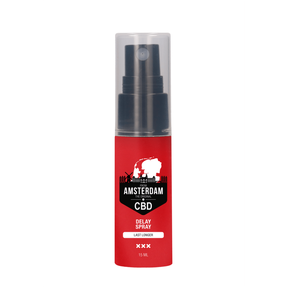 Pharmquests CBD Delay Spray 15 ml, vooraanzicht rode sprayflacon