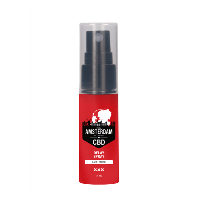 Pharmquests CBD Delay Spray 15 ml, vooraanzicht rode sprayflacon