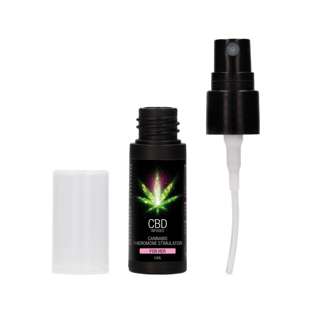 Pharmquests CBD pheromone stimulator voor haar 15 ml met flacon en dop naast elkaar