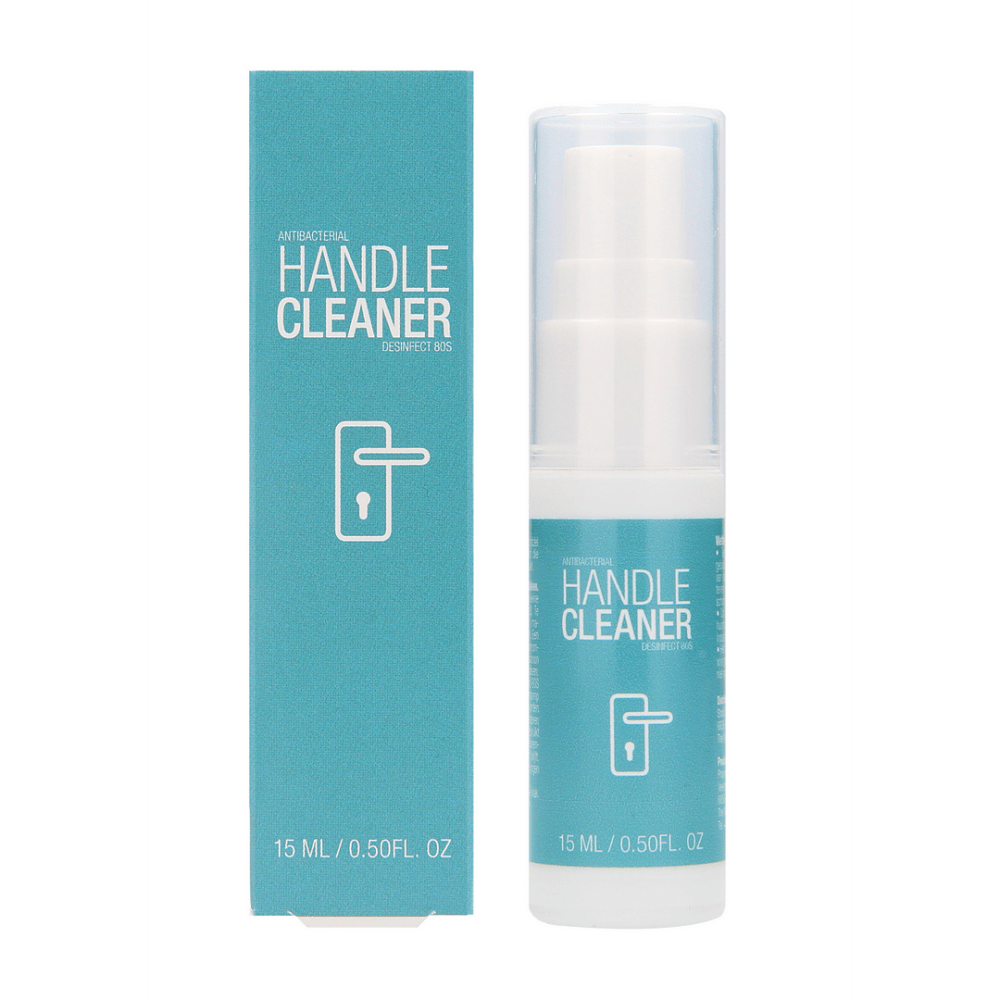 Pharmquests Handle Cleaner 15 ml met turquoise label in compacte verpakking, snelle desinfectiespray voor dagelijks gebruik