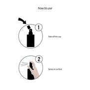 Illustratie met sprayinstructies voor de Pharmquests Auto Desinfectiespray 15 ml, duidelijke stappen voor veilige toepassing