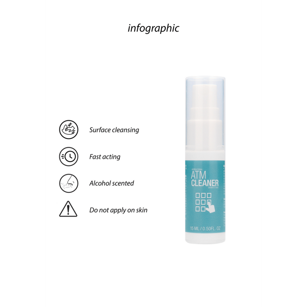 Zijaanzicht van de Pharmquests Antibacterial Cleaner 15 ml met productinformatie en strak turquoise ontwerp voor hygiëne