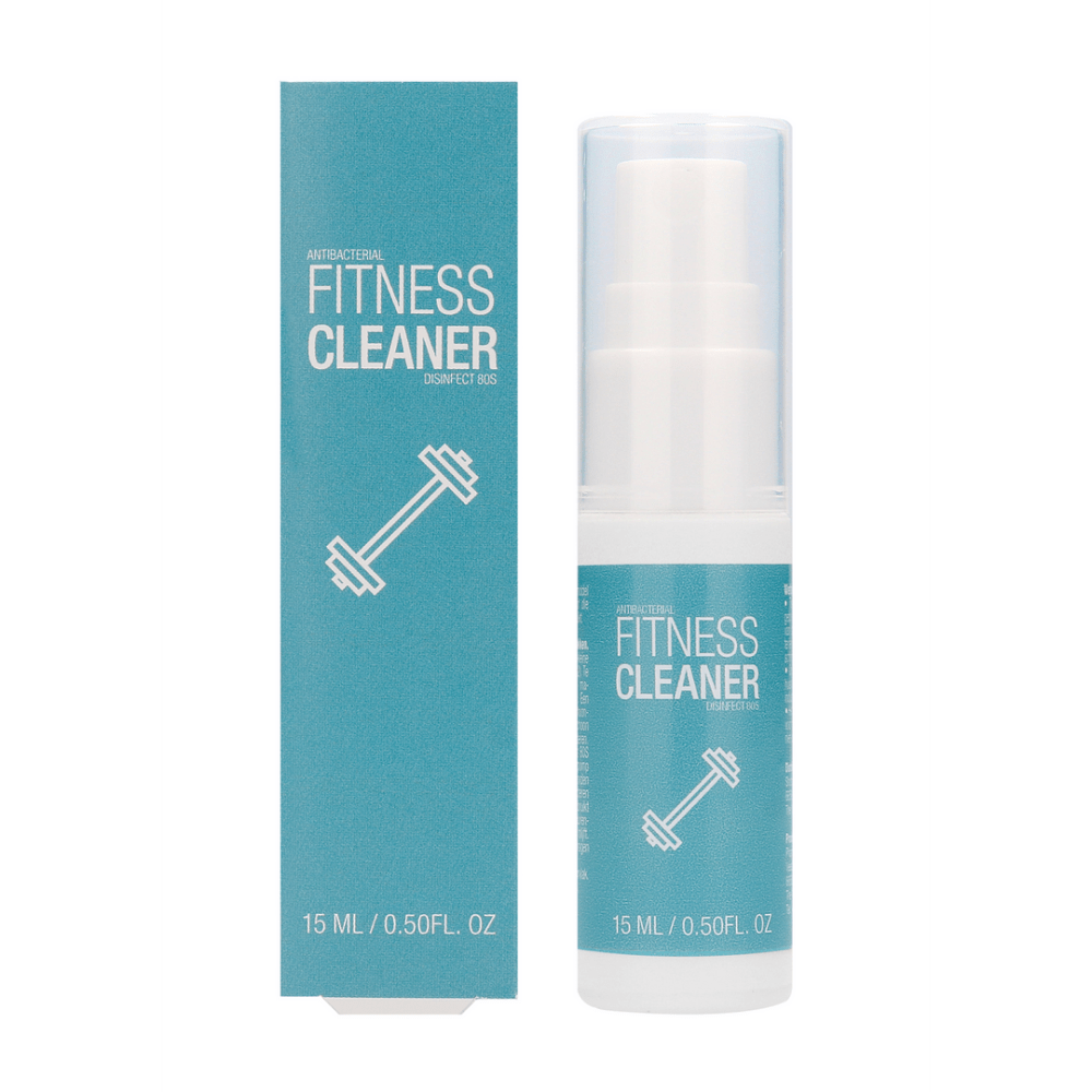 Pharmquests Antibacterial Fitness Cleaner 15 ml in turquoise fles, snelle sprayreiniger voor hygiënische sportapparaten