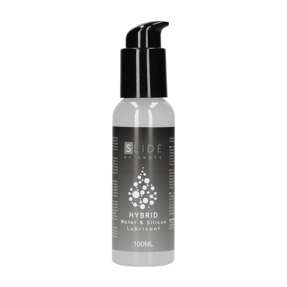 Pharmquests Slide Hybrid glijmiddel 100 ml in strakke zwarte fles, water en siliconen formule voor soepel comfort