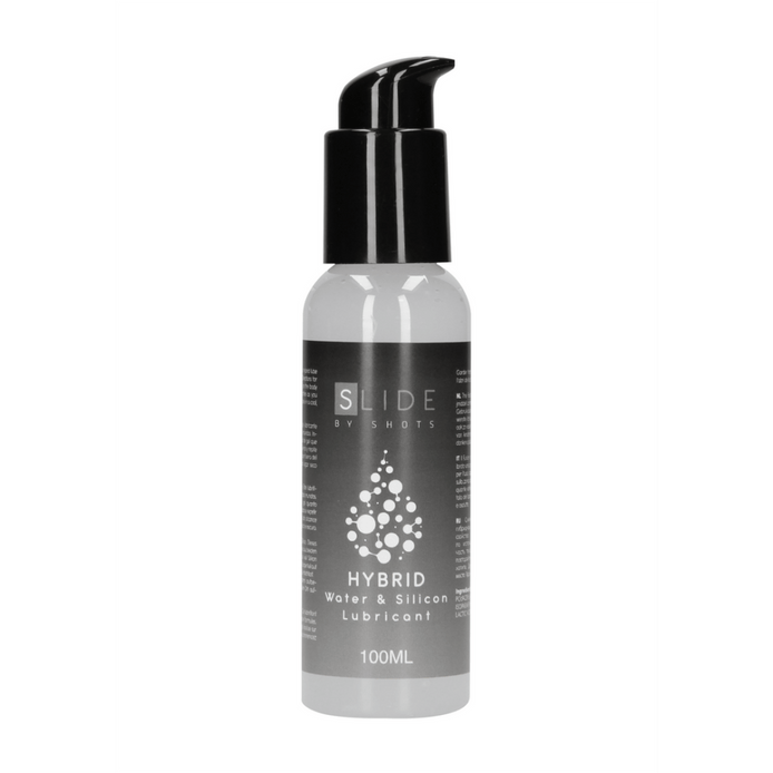 Pharmquests Slide Hybrid glijmiddel 100 ml in strakke zwarte fles, water en siliconen formule voor soepel comfort