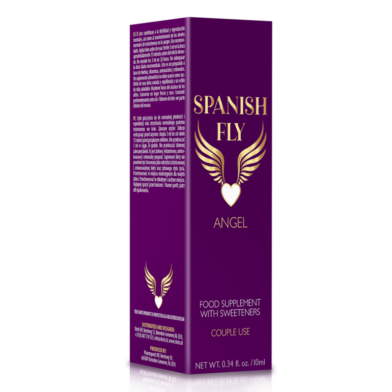 Pharmquests Spanish Fly Angel 10 ml, verpakking in paars doosje met witte tekst, libido booster