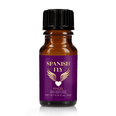 Pharmquests Spanish Fly Angel 10 ml, paars flesje met pipetdop, intensiteitsbooster voor koppels, op witte achtergrond