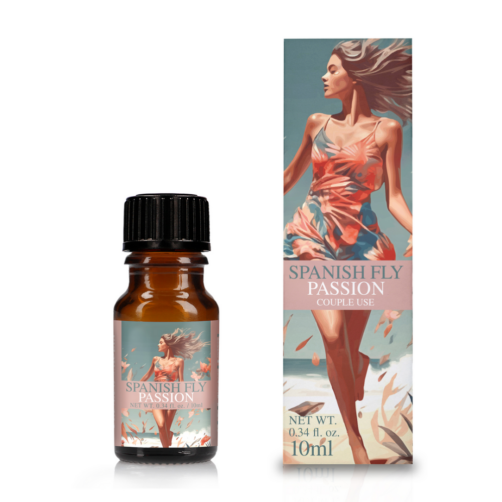 Pharmquests Spanish Fly Passie 10 ml verpakking met tropisch design voor intieme passie druppels