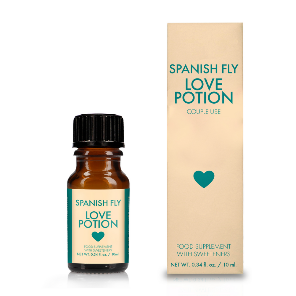 Pharmquests Spanish Fly Love Potion 10 ml naast de productverpakking voor een duidelijke weergave van inhoud en gebruik
