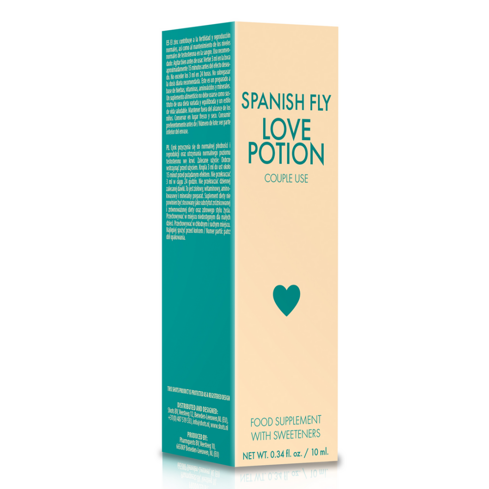 Pharmquests Spanish Fly Love Potion 10 ml productverpakking met ingrediënten en informatie voor veilig intiem gebruik