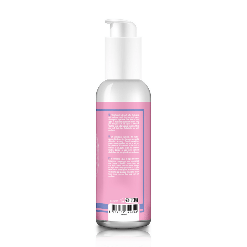 Pharmquests glijmiddel op waterbasis 150 ml, fles met pomp en roze label, hyaluronzuur voor langdurige hydratatie