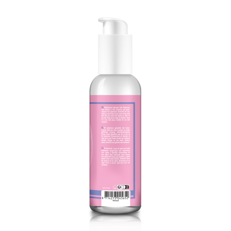 Pharmquests glijmiddel op waterbasis 150 ml, fles met pomp en roze label, hyaluronzuur voor langdurige hydratatie