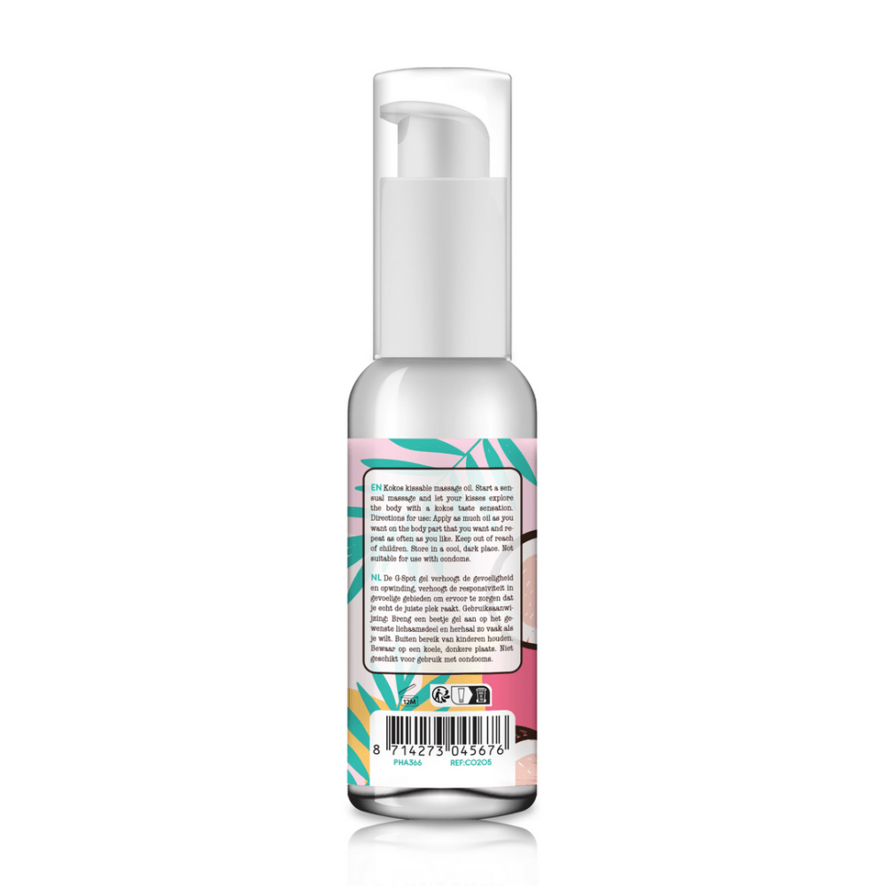 Pharmquests kokosnoot kissable massageolie 50 ml in klein flesje voor zachte hydratatie en intieme ontspannende beleving