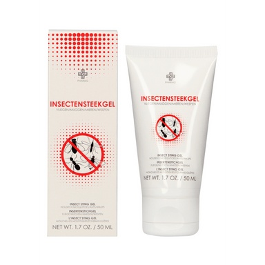 Pharmquests Insect Sting Gel 50 ml, kalmerende after-bite gel, tube en doosje op witte achtergrond