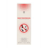 Pharmquests Insect Sting Gel, close-up van de 50 ml tube met rood label, jeuk- en zwellingverzachter na insectenbeten