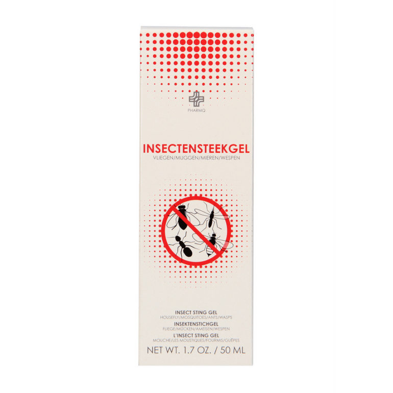 Pharmquests Insect Sting Gel, close-up van de 50 ml tube met rood label, jeuk- en zwellingverzachter na insectenbeten