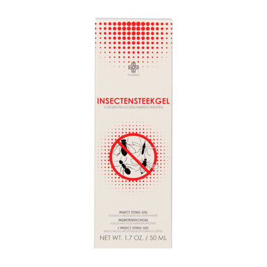 Pharmquests Insect Sting Gel, close-up van de 50 ml tube met rood label, jeuk- en zwellingverzachter na insectenbeten
