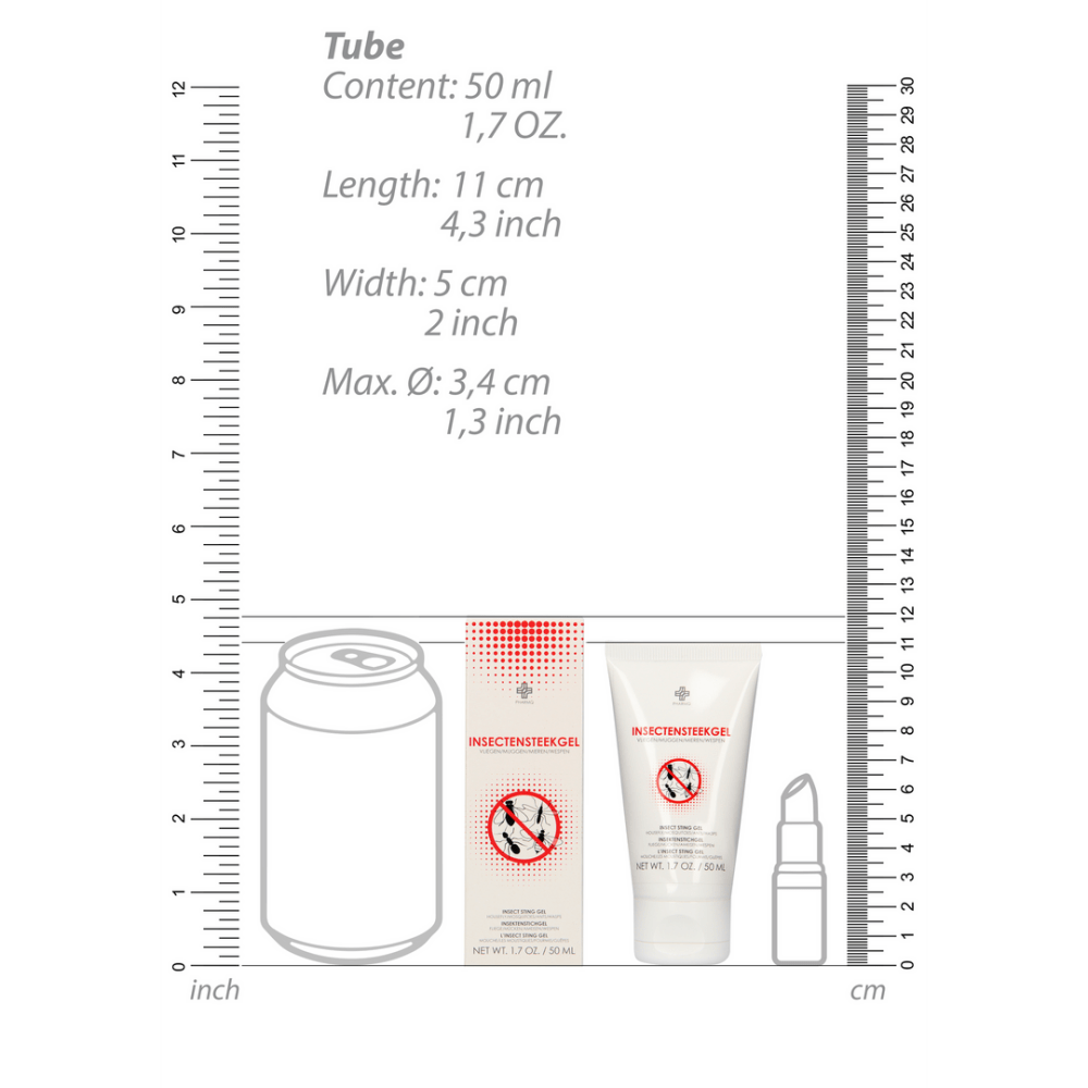 Pharmquests Insect Sting Gel 50 ml, achterkant verpakking met gebruiksinformatie in het wit en rood