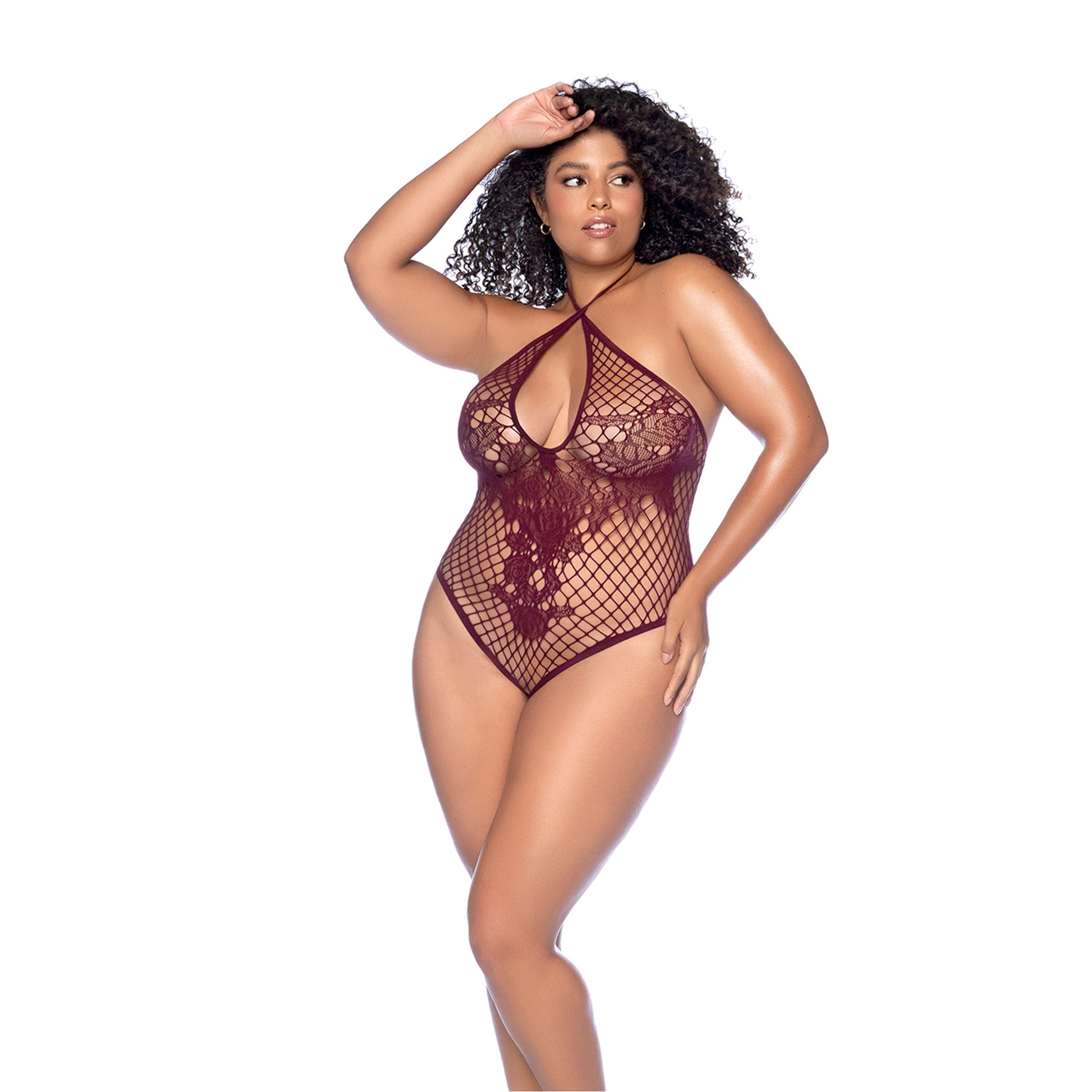 Bloemen visnet bodysuit in kersenrood, frontaal gedragen in maat Queen Size met bloemmotief en verfijnde belijning