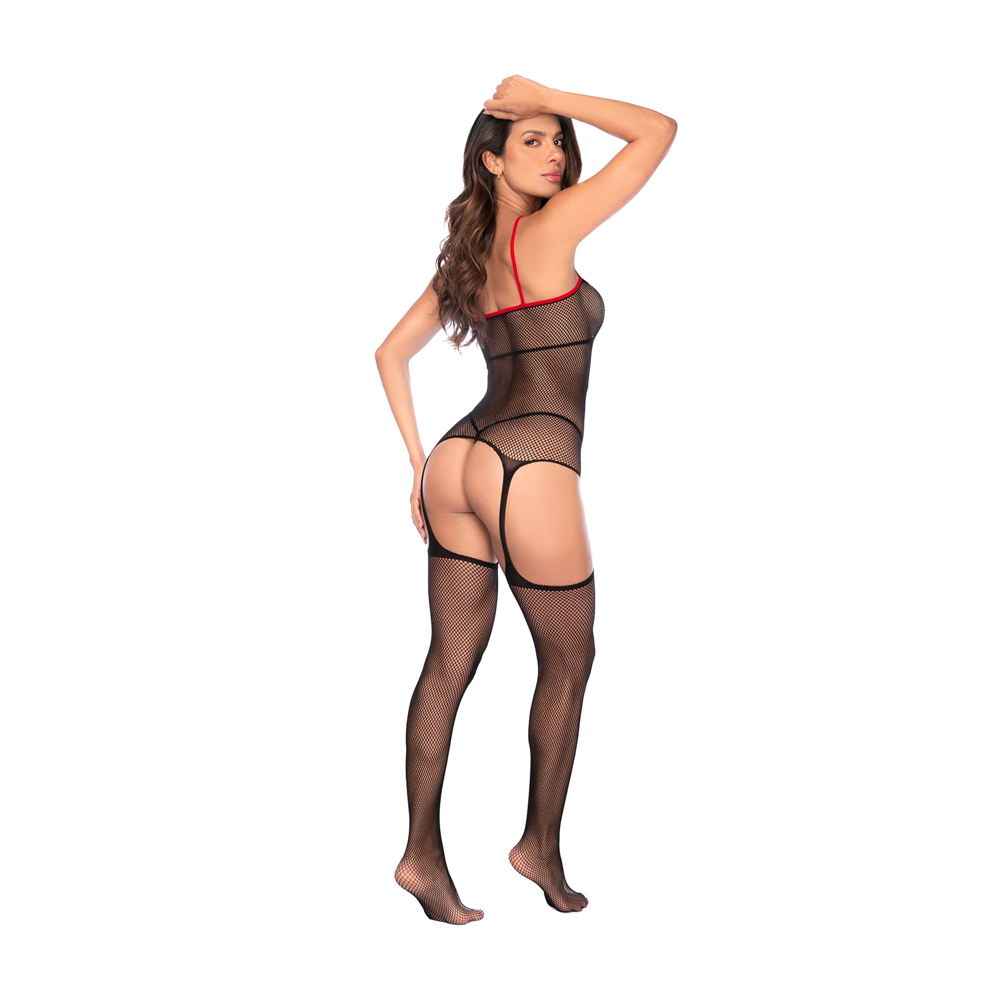 Zijaanzicht van zwart/rode Mapalé visnet bodystocking, gedragen op model met hoge beenlijn