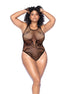 Mapalé zwart visnet bodysuit in queen size met uitgesneden details, frontaanzicht op model met armen omhoog