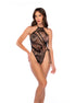 Mapalé zwart halter visnet bodysuit met slangenpatroon in one size, frontaanzicht op model