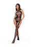 Mapalé zwarte visnet bodystocking met rozenpatroon in one size, frontaanzicht op model