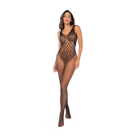 Mapalé zwarte visnet bodystocking met luipaardpatroon in one size, frontaanzicht op model