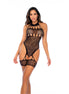 Mapalé zwart halter visnet bodysuit met luipaardpatroon in one size, frontaanzicht op model