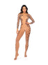 Mapalé leopard mesh bodystocking met lange mouwen in one size, frontaanzicht op model