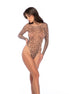 Mapalé leopardprint mesh bodysuit met lange mouwen in one size, schuin frontaanzicht op model
