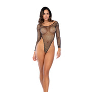 Mapalé zwarte visnet bodysuit met lange mouwen, frontaal gedragen op model met hoge beenlijn en subtiele glans