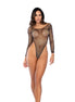 Mapalé zwarte visnet bodysuit met lange mouwen, frontaal gedragen op model met hoge beenlijn en subtiele glans