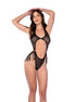 Zwart mesh bodysuit met ronde uitsparing en franjedetails, frontaal gedragen op model tegen witte achtergrond