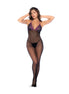 Zwart met paarse visnet en kant bodystocking set op model, frontaal gedragen met transparante benen en diepe halslijn