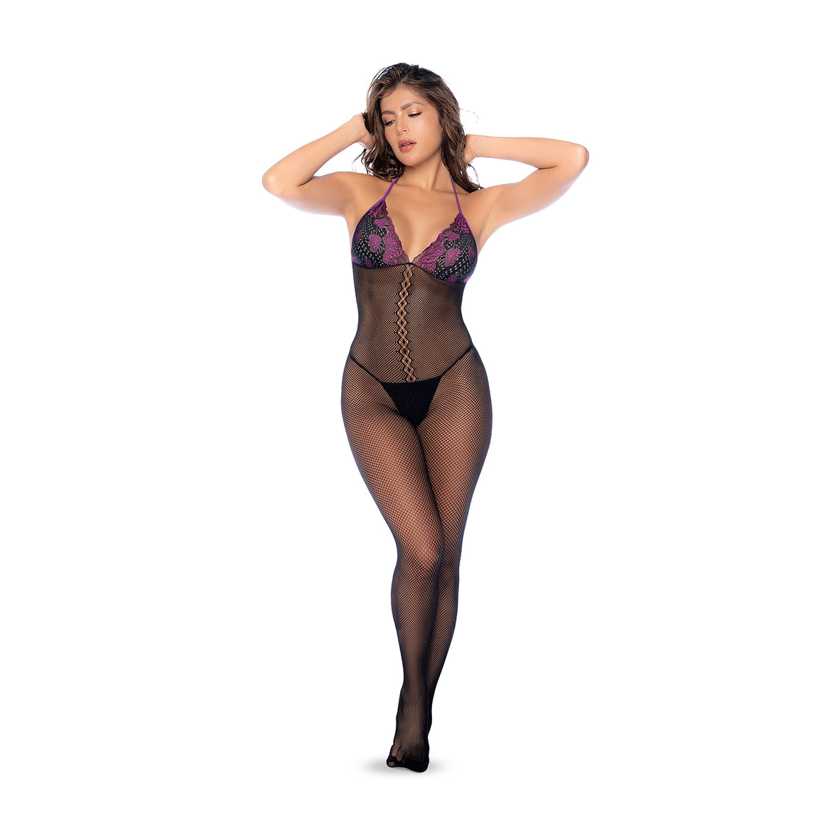 Zwart met paarse visnet en kant bodystocking set op model, frontaal gedragen met transparante benen en diepe halslijn