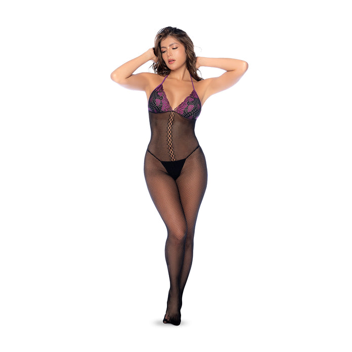 Zwart met paarse visnet en kant bodystocking set op model, frontaal gedragen met transparante benen en diepe halslijn
