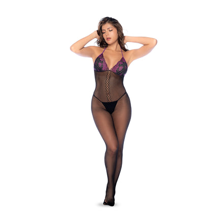 Zwart met paarse visnet en kant bodystocking set op model, frontaal gedragen met transparante benen en diepe halslijn