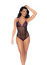 Mapalé bodysuit set in zwart en paars op model, met paarse kanten cups en een transparante zwarte mesh body