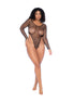 Zwarte visnet bodysuit met lange mouwen in Queen Size, frontaal gedragen op model tegen witte achtergrond