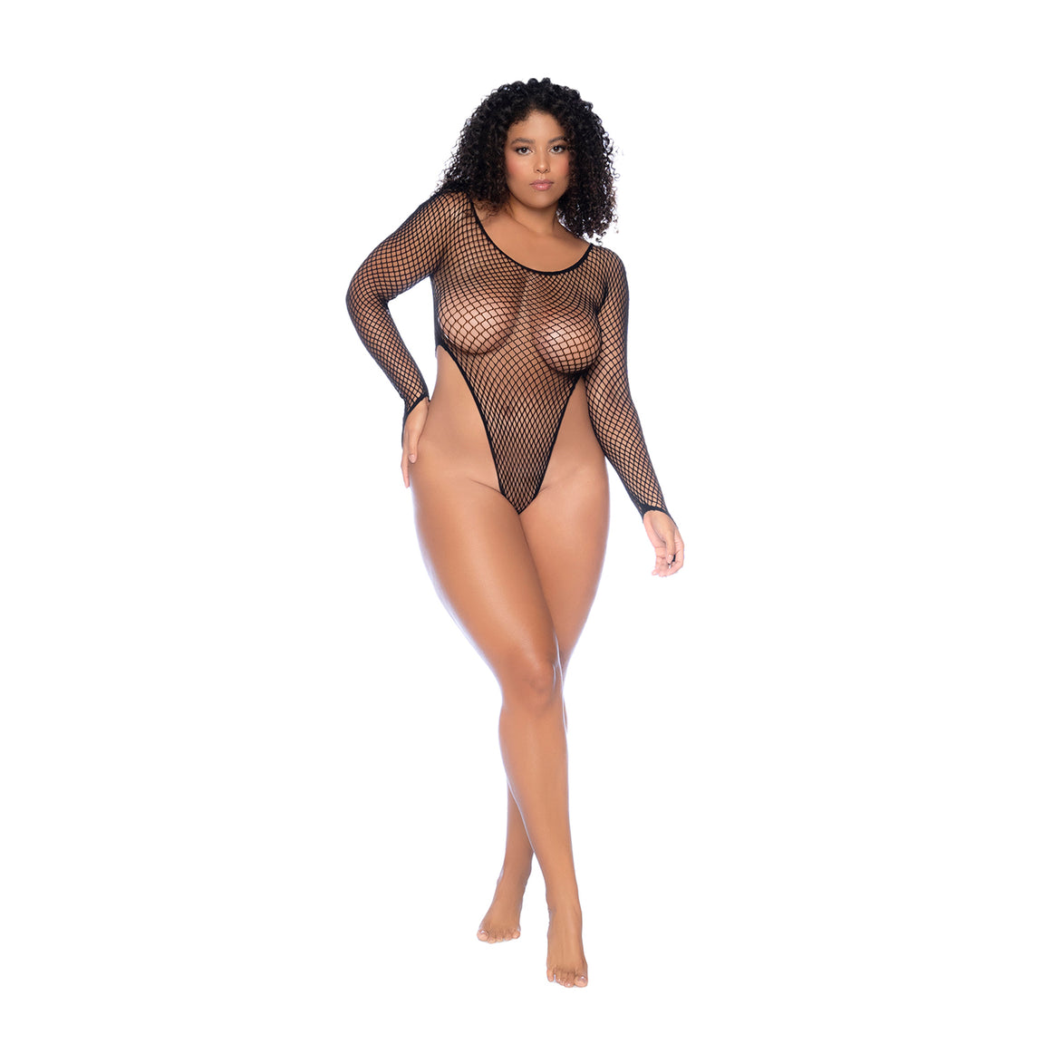 Zwarte visnet bodysuit met lange mouwen in Queen Size, frontaal gedragen op model tegen witte achtergrond