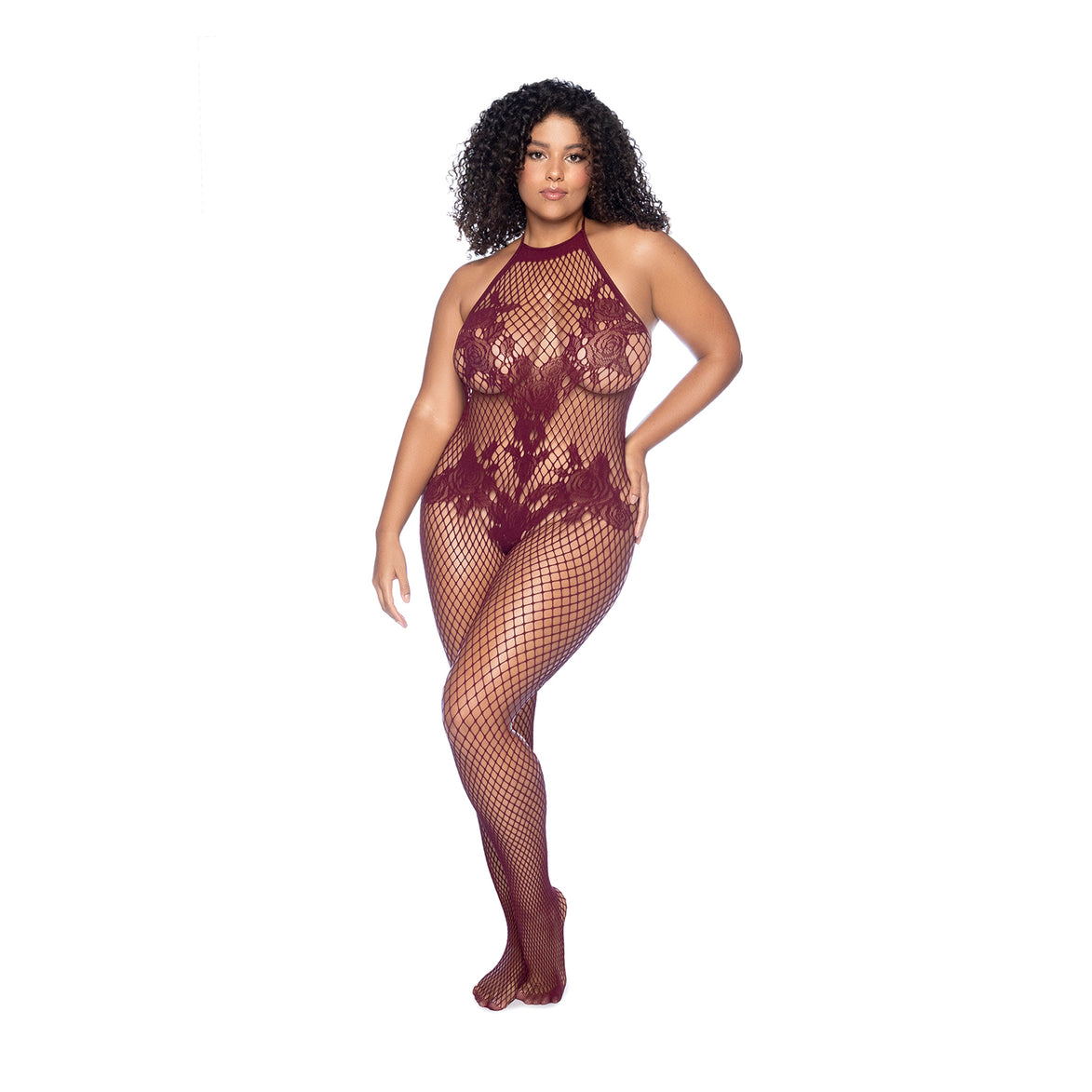 Kersrode halter bodystocking met bloemdetails en transparant patroon, frontaal gedragen door model in queen size