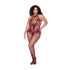 Kersrode halter bodystocking met bloemdetails en transparant patroon, frontaal gedragen door model in queen size
