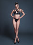 Allure harness BH en slip set wetlook zwart, maat L, vooraanzicht met bandjes en hoge taille slip