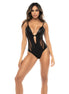 Mapalé Fenna wetlook bodysuit zwart in maat L/XL, vooraanzicht op witte achtergrond, diepe V halslijn
